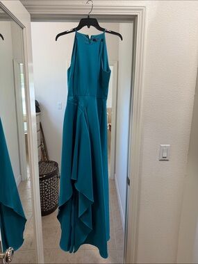 Badgley Mischka Teal High-Low Halter Evening Gown